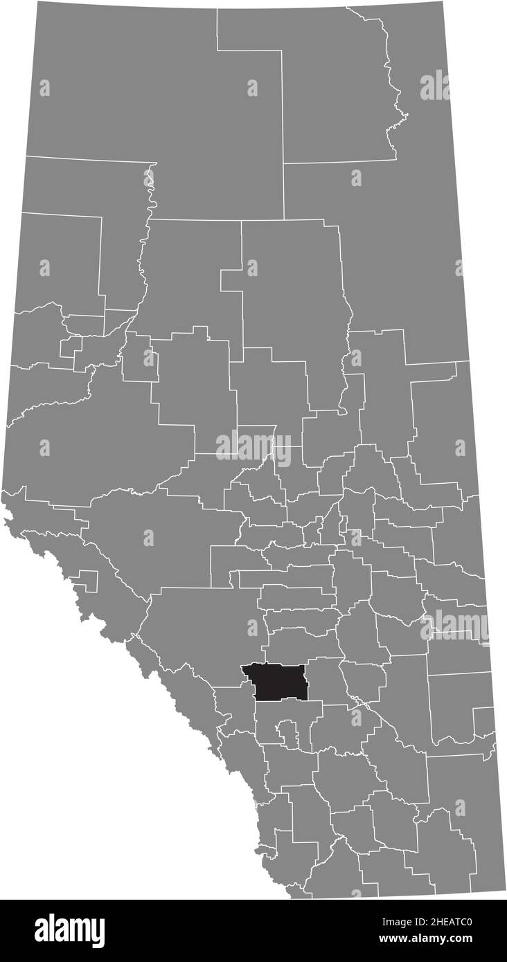 Black flat blank highlighted location map of the MOUNTAIN VIEW COUNTY municipal district inside gray administrative map of the Canadian province of Al Stock Vector