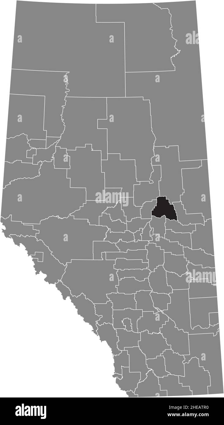 Black flat blank highlighted location map of the SMOKY LAKE COUNTY municipal district inside gray administrative map of the Canadian province of Alber Stock Vector