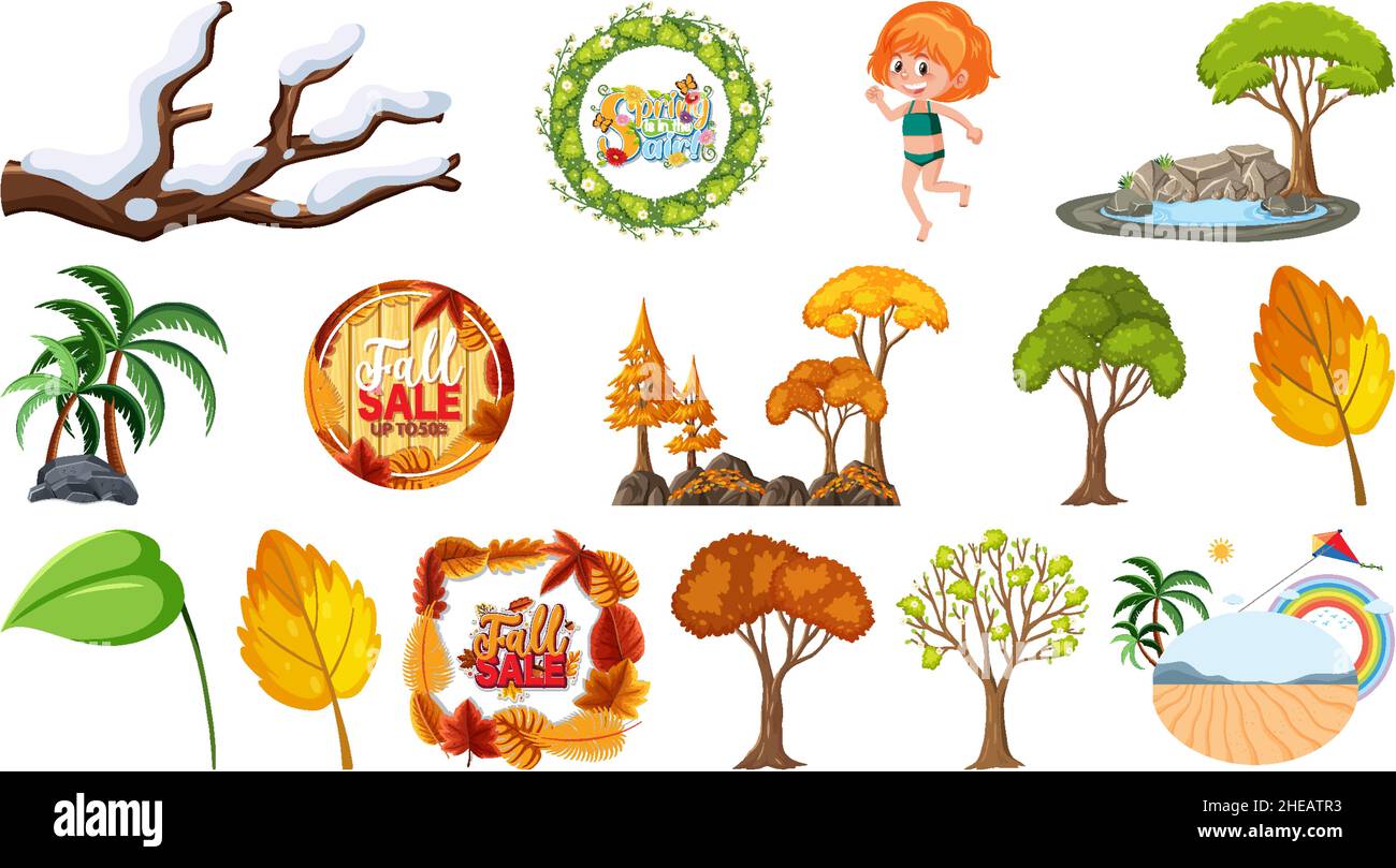 Set of four seasons trees and nature objects illustration Stock Vector ...