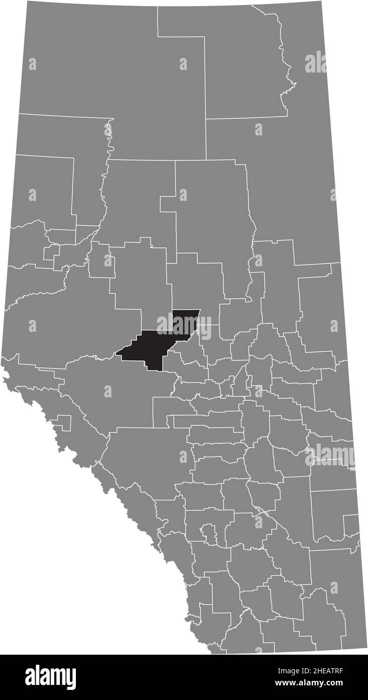 Black flat blank highlighted location map of the WOODLANDS COUNTY municipal district inside gray administrative map of the Canadian province of Albert Stock Vector