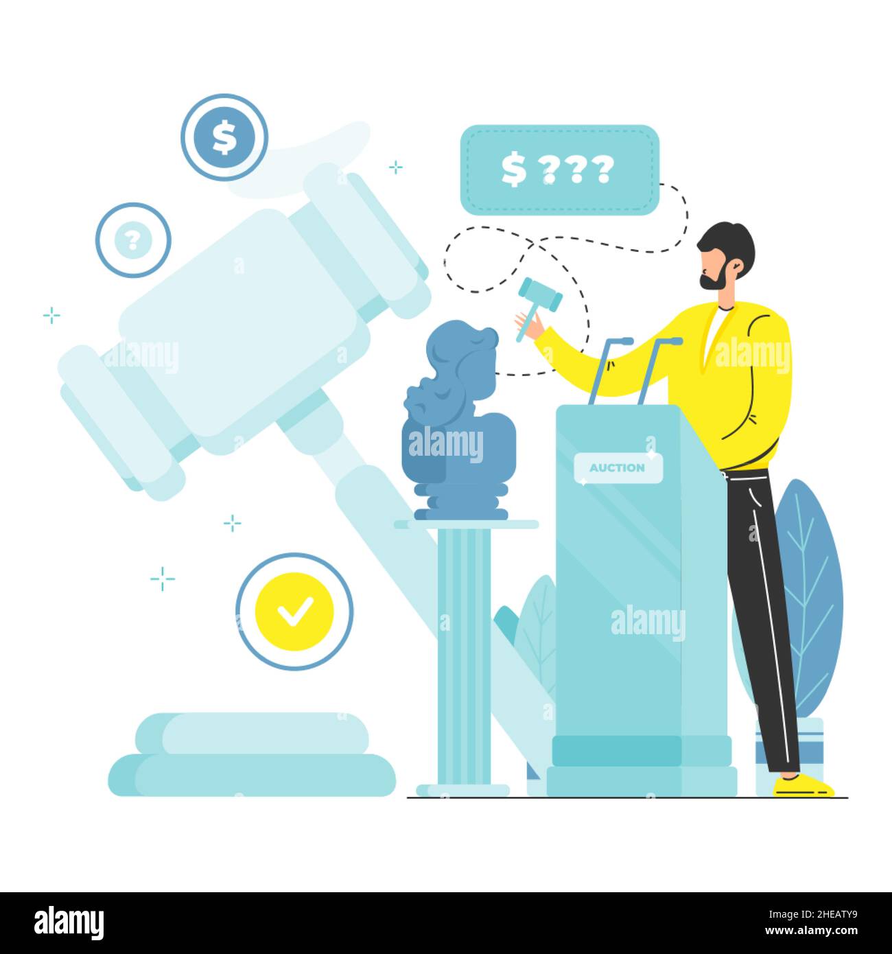 Auction gavel, antique bust sculpture on sale, auctioneer calling out