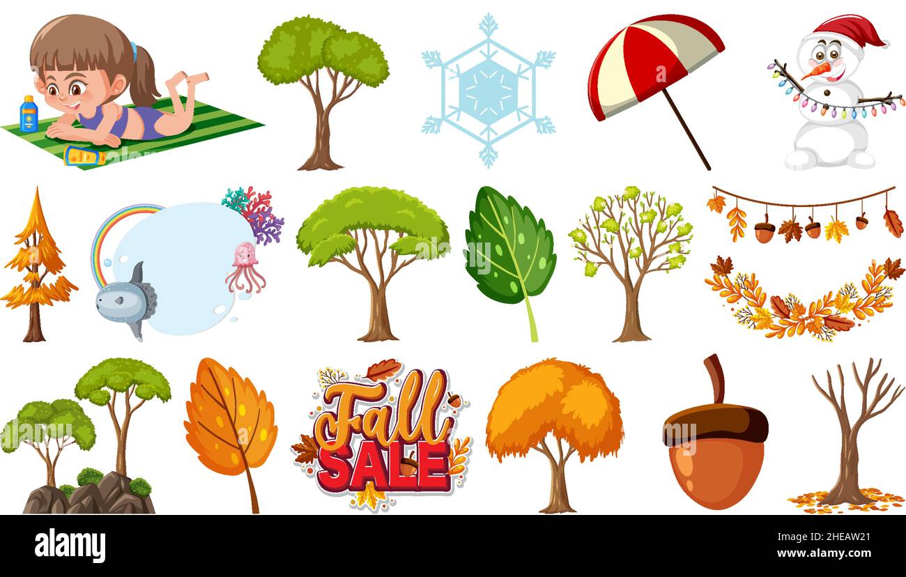 Set of four seasons trees and nature objects illustration Stock Vector ...