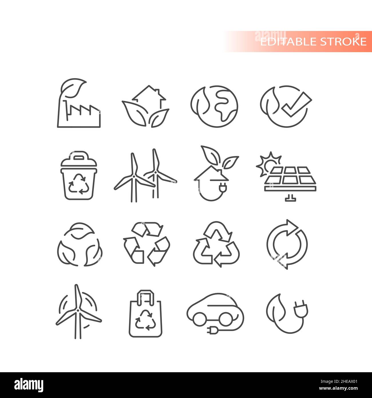 Green energy, eco friendly and safe icons. Solar panel, wind turbine, recycled, renewable outlined vector icon set. Stock Vector