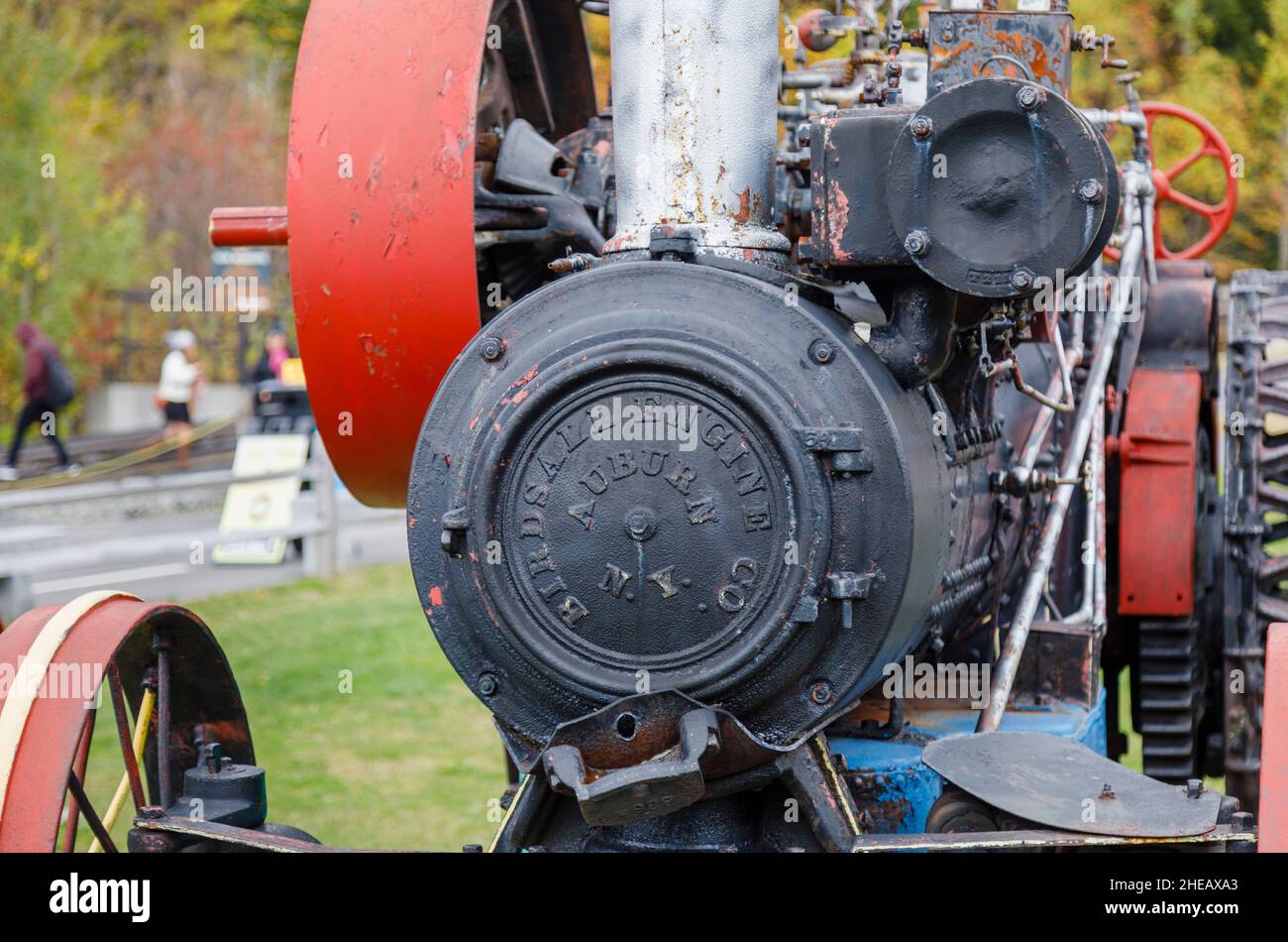 Vintage steam powered Birdsall Engine Co traction engine on display at Mount Washington Cog Railway, Mount Washington, New Hampshire, New England, USA Stock Photo