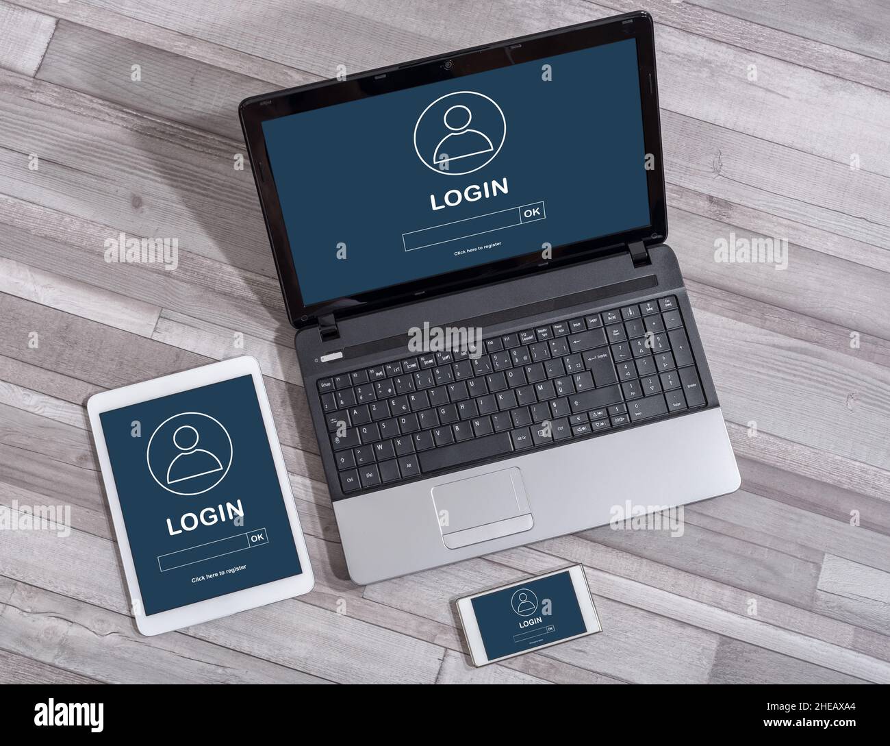 Login concept shown on different information technology devices Stock