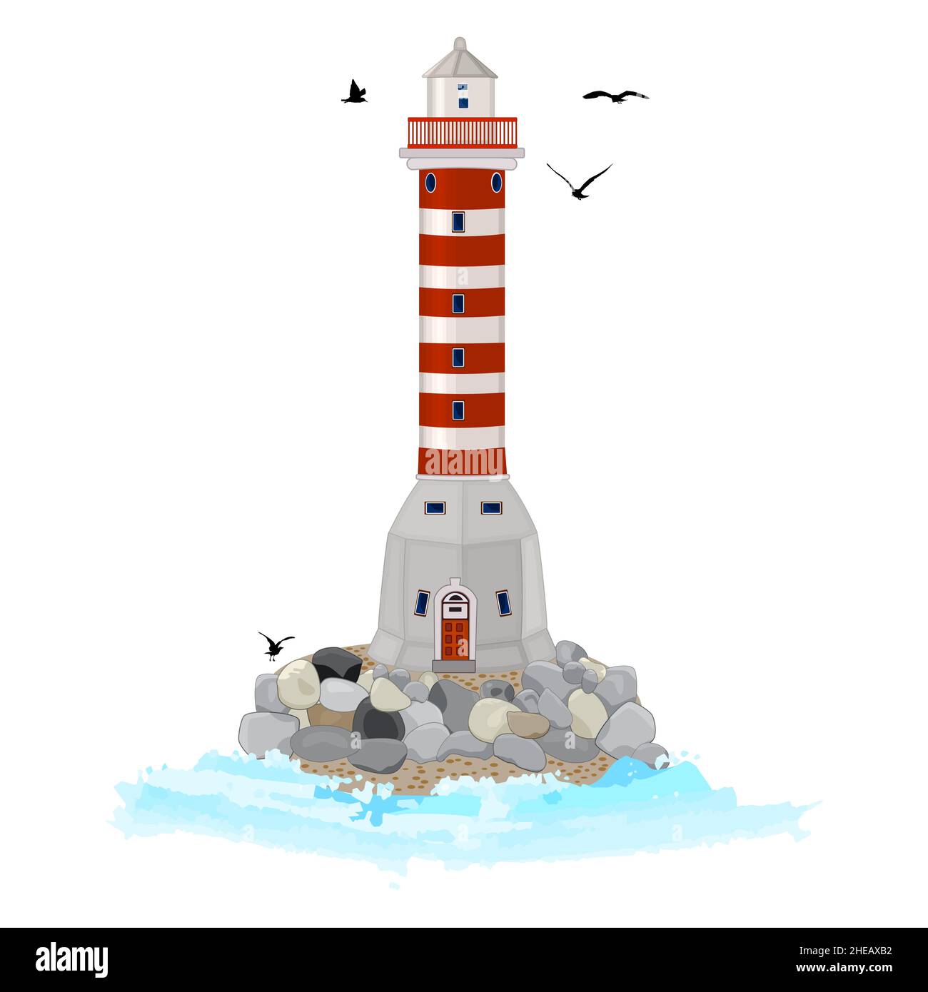Lighthouse isolated on white background. Sea lighthouse with island, stones, seagulls and water waves. Beacon with ocean. Stock vector illustration Stock Vector