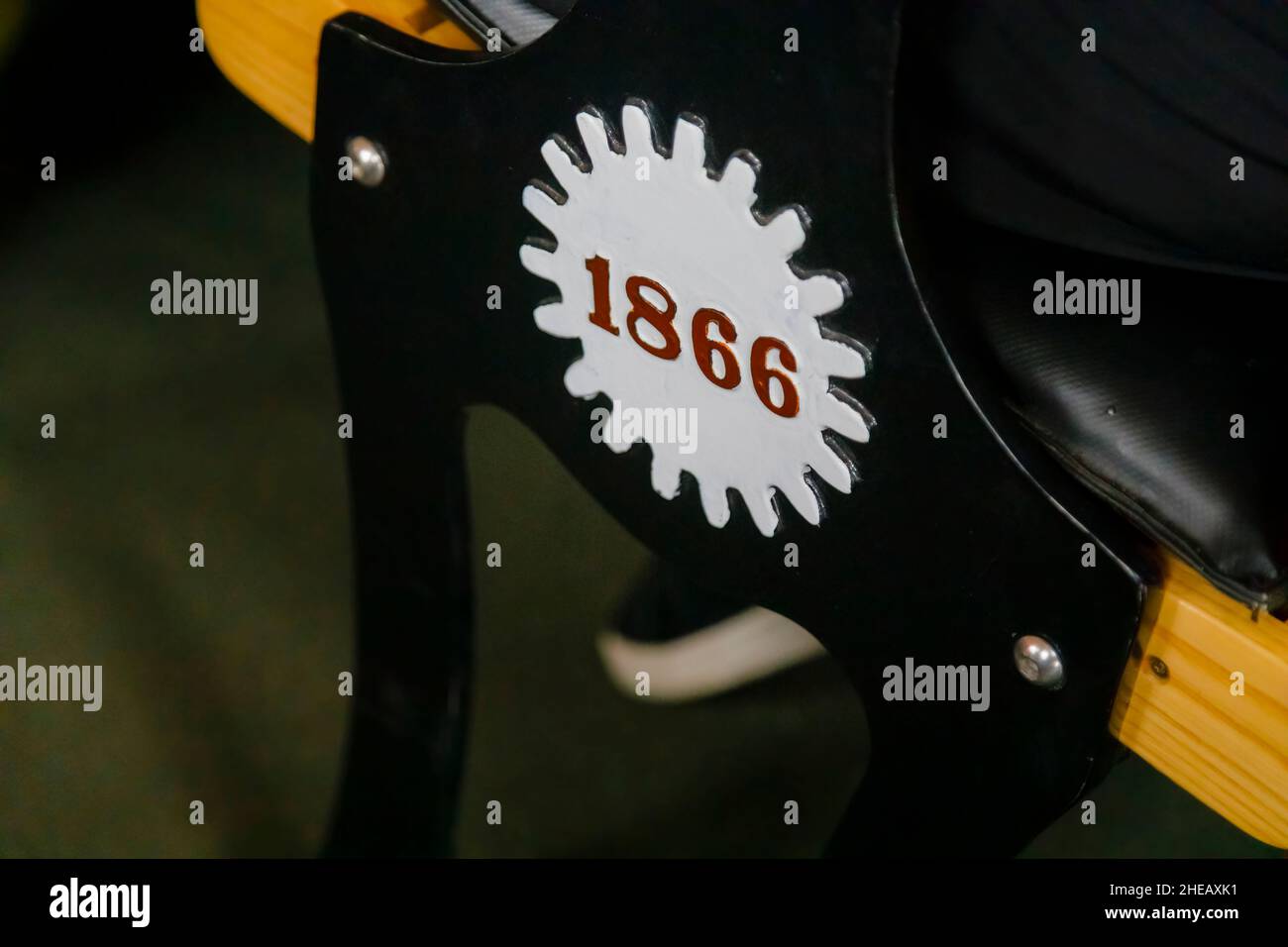 Bench seats marked '1866' on cogs in a carriage of the Mount Washington Cog Railway, Mount Washington, New Hampshire, New England, USA Stock Photo