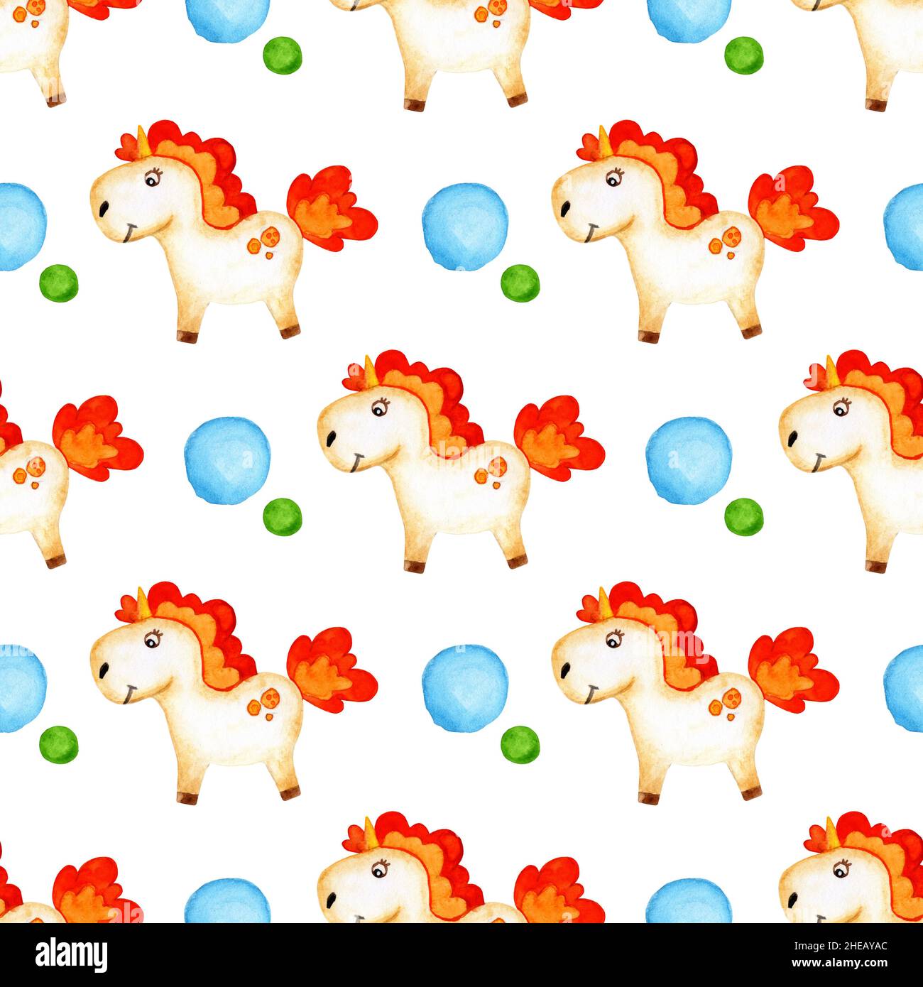 Watercolor painting pattern of a little pony with a red mane and circles. seamless repeating print fairytale unicorn pattern. Horse for design, decora Stock Photo