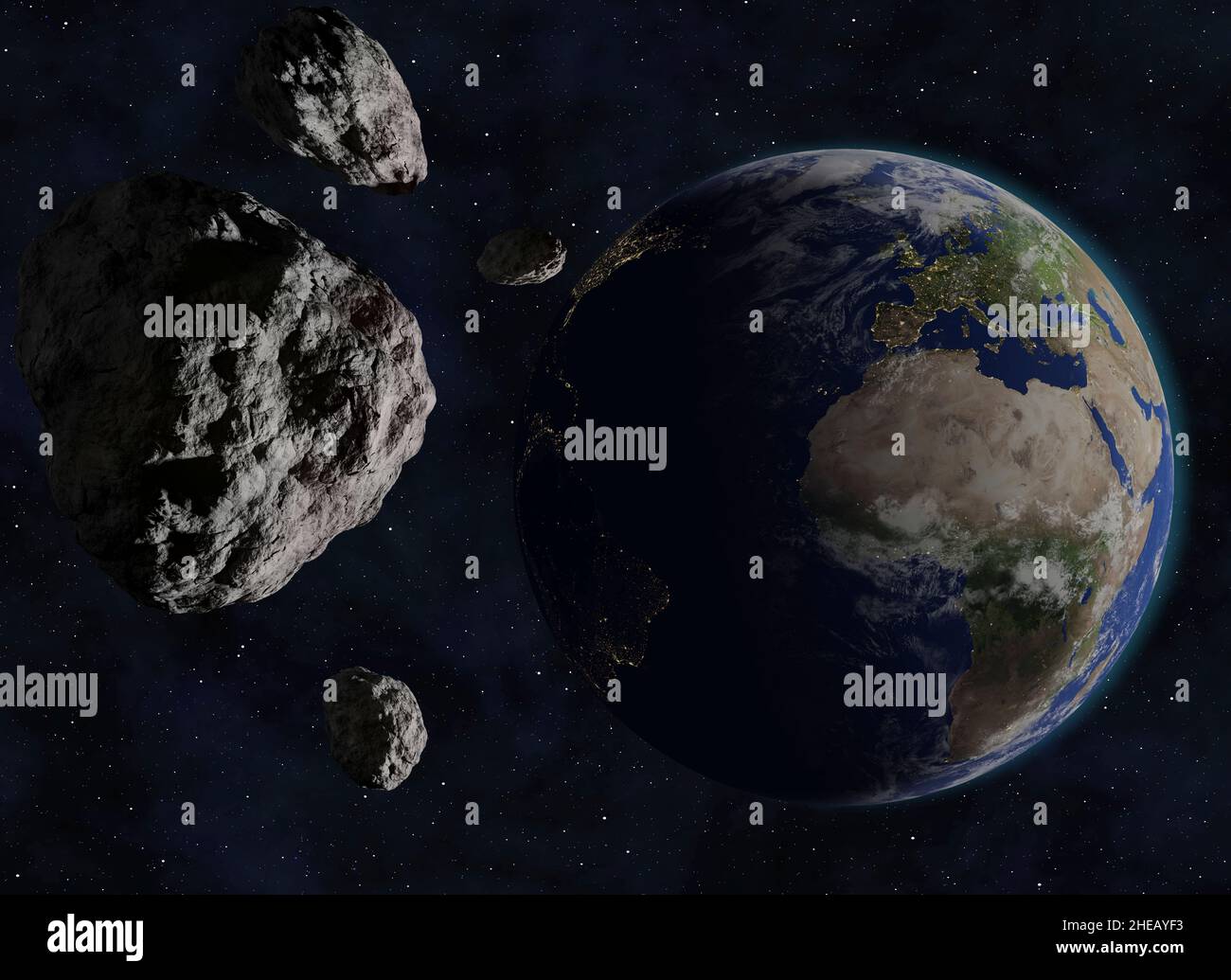 Huge asteroids coming perilously close to the Earth Stock Photo