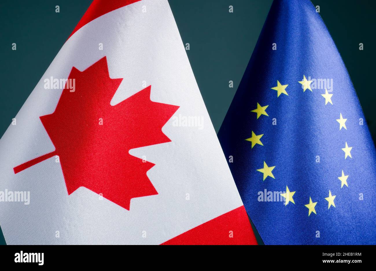 Close up of flags of Canada and EU Europe Union. Stock Photo