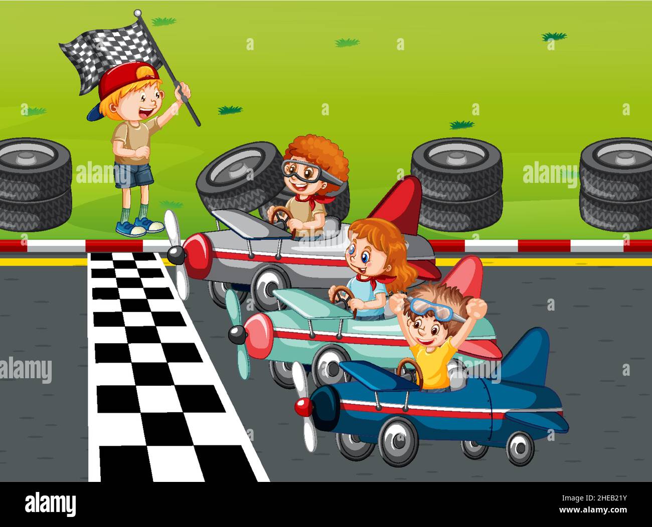 Soapbox derby scene with children racing car illustration Stock Vector ...
