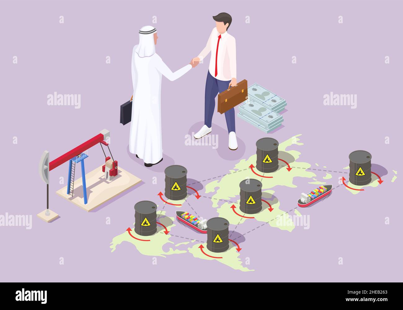 Business partners shaking hands. Negotiations with arab businessman for oil supply, flat vector isometric illustration. Stock Vector
