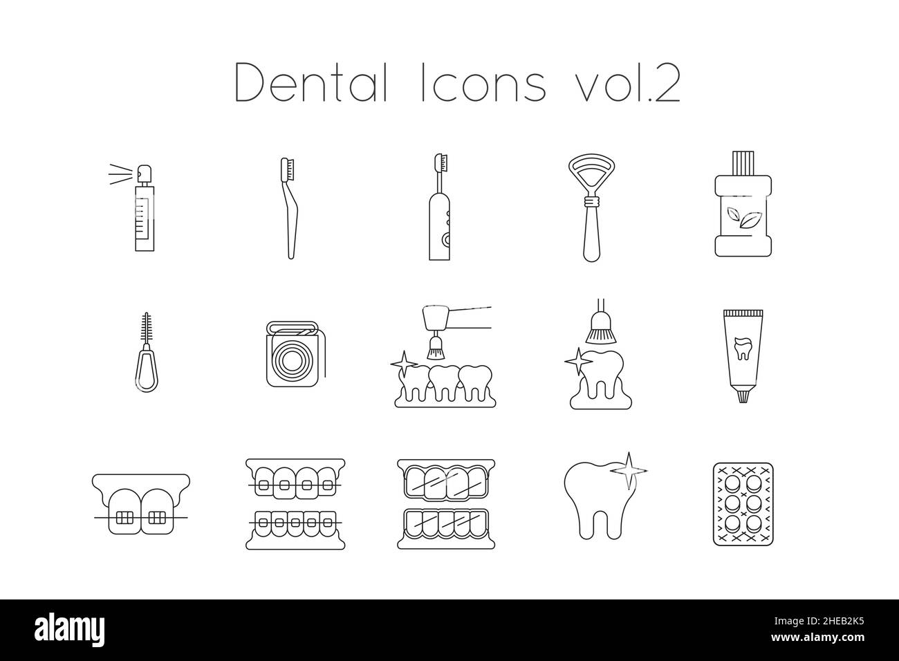 Dentistry icons. Thin line vector signs of dental clinic services. Oral health care concepts. Mouth hygiene, orthodontics. Black outline pictograms Stock Vector