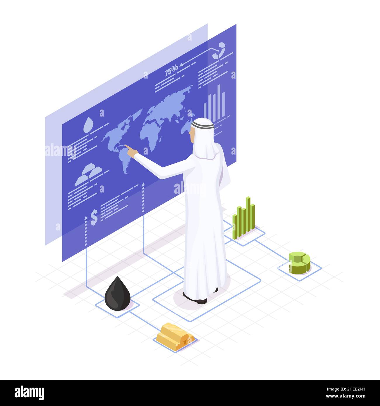 Arab businessman pointing at world map, crude oil symbol, gold ingots, charts, vector isometric infographic template. Stock Vector