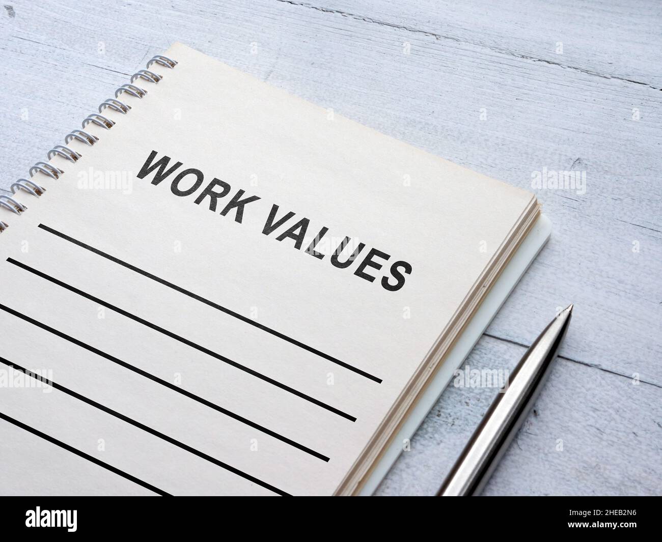 Empty Work values list on the wooden surface. Stock Photo