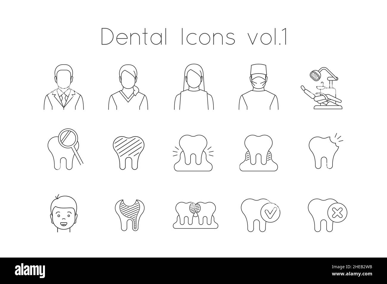 Dentistry icons. Thin line vector signs of dental clinic services. Oral health care concepts. Dentist office staff. Teeth and gums diseases and treatm Stock Vector