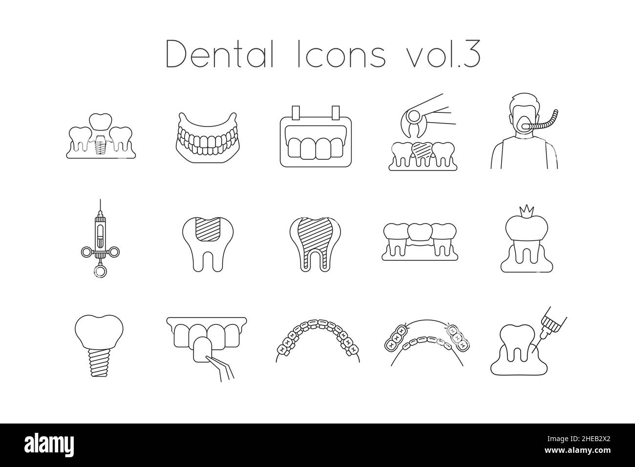 Dentistry icons. Thin line vector signs of dental clinic services. Oral health care concepts. Dental implants, surgery, orthodontics. Teeth diseases a Stock Vector