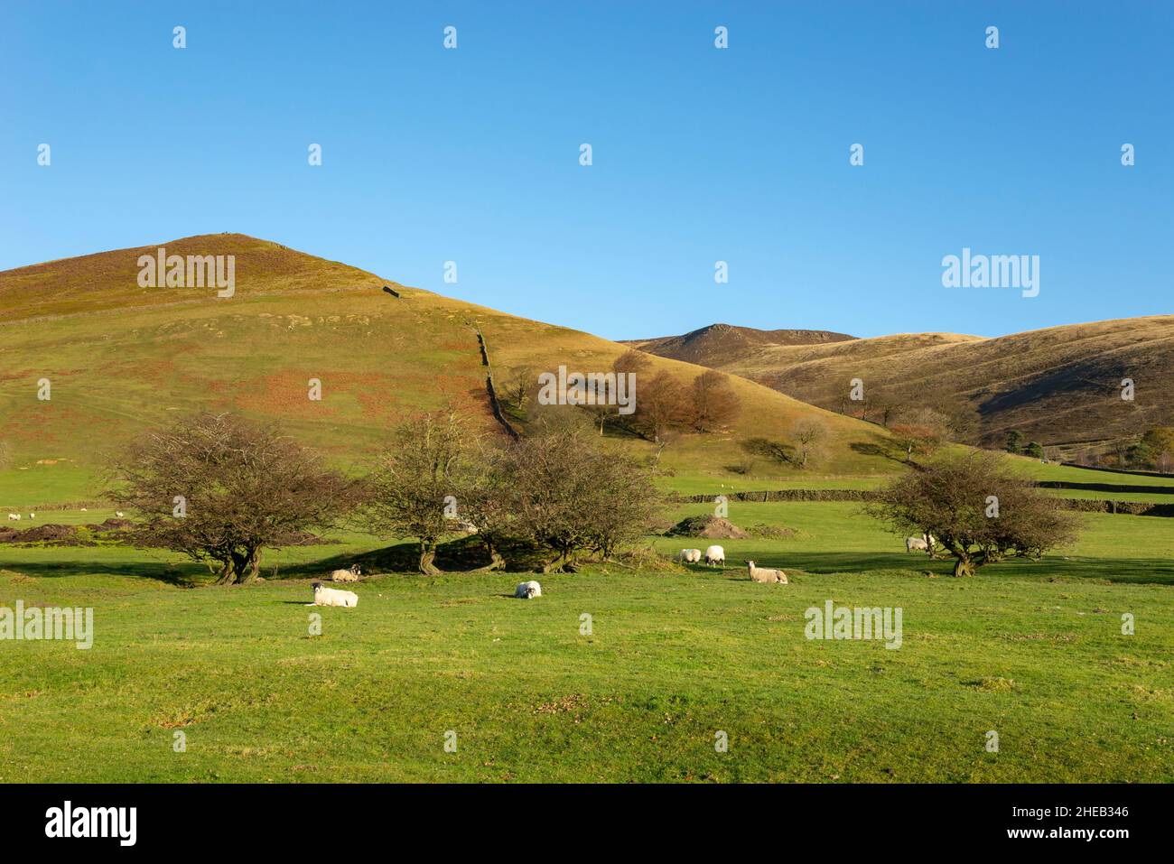 A sunny winter day near Edale in the hills of the Peak District national park, Derbyshire, England. Stock Photo