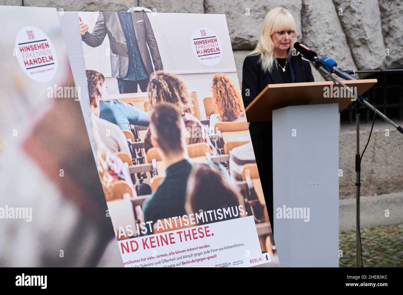 Berlin, Germany. 10th Jan, 2022. Iris Spranger (SPD), Senator of the Interior in Berlin, speaks at the presentation of the poster campaign 'This is anti-Semitism' next to a poster with the inscription 'Hinsehen Erkennen Handeln' ('Look, recognize, act'). Credit: Annette Riedl/dpa/Alamy Live News Stock Photo