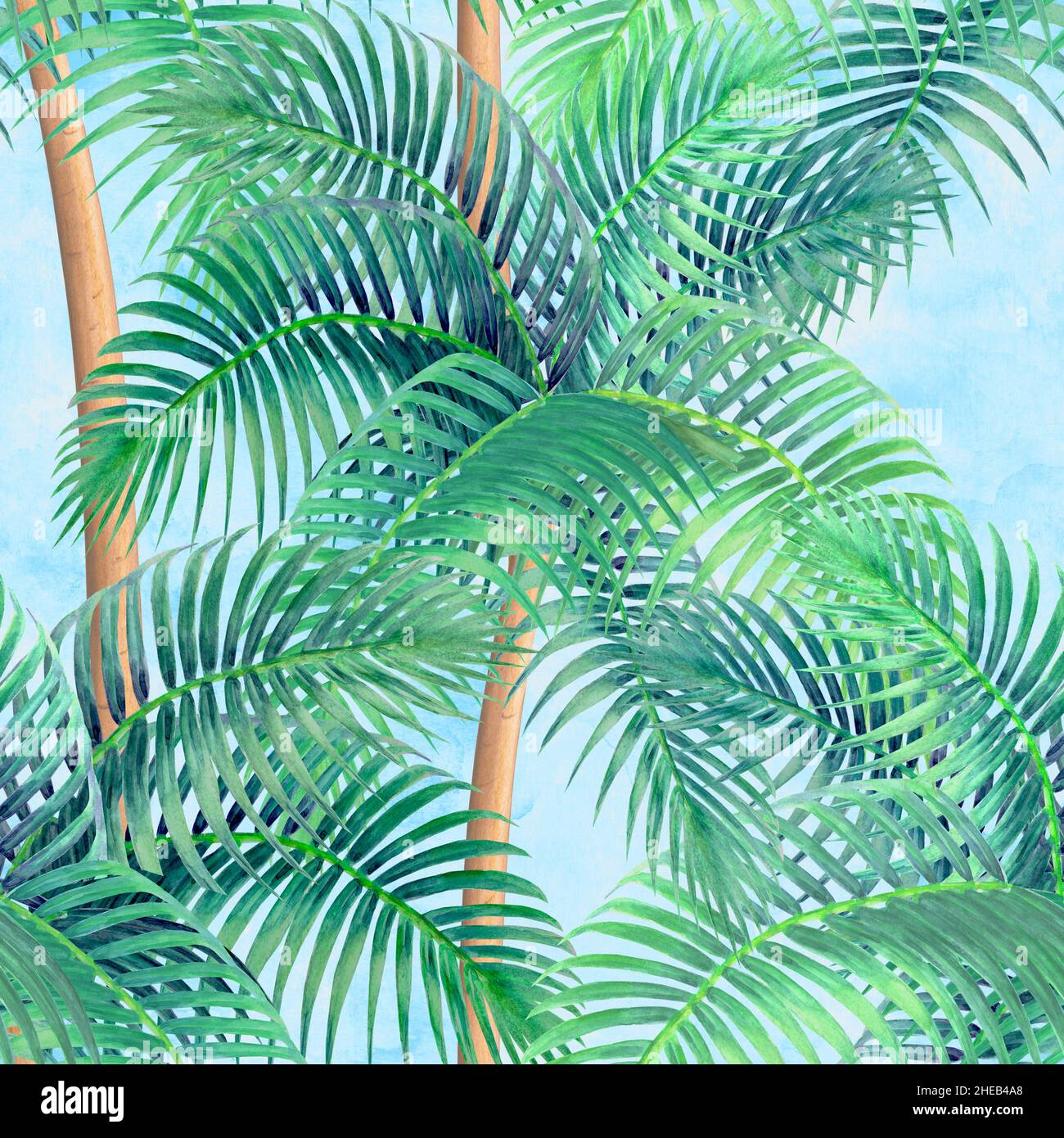 Watercolor background with tropical palm trees seamless pattern on blue