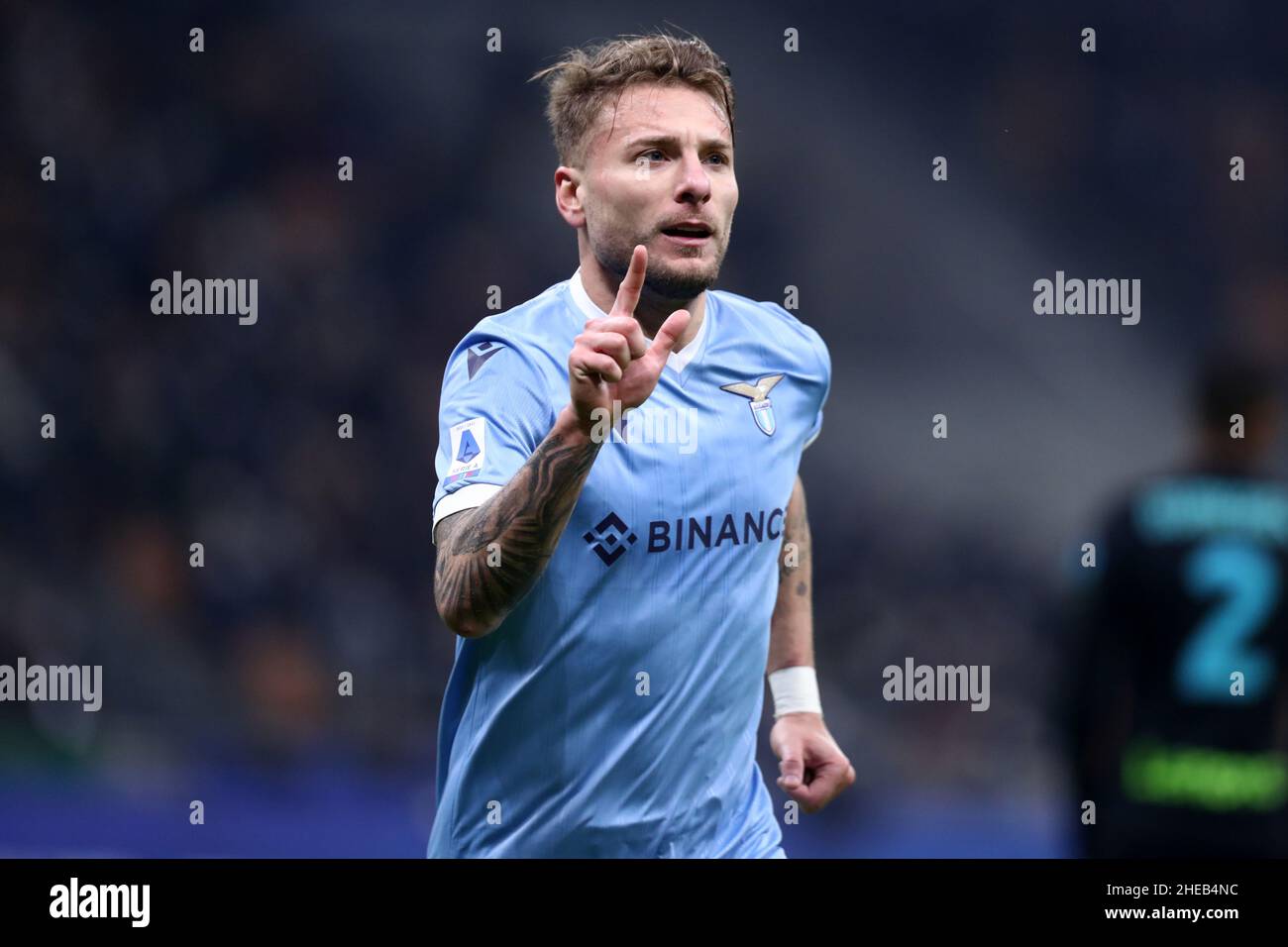 Milan, Italy. 09th Jan, 2022. Ciro Immobile of Ss Lazio celebrates after scoring his team's first goal during the Serie A match between Fc Internazionale and Ss Lazio at Stadio Giuseppe Meazza on January 9, 2022 in Milan, Italy. Credit: Marco Canoniero/Alamy Live News Stock Photo