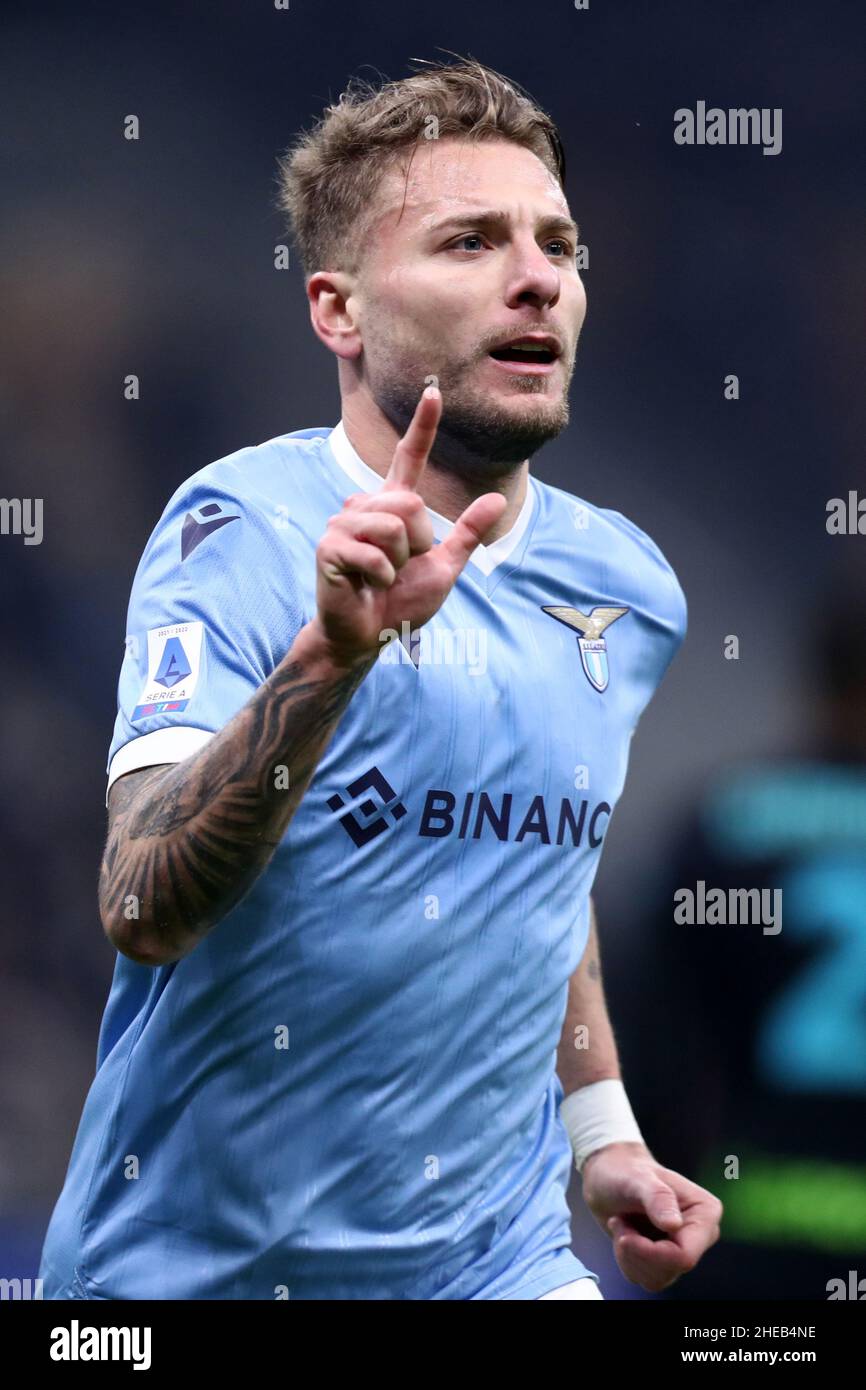 Milan, Italy. 09th Jan, 2022. Ciro Immobile of Ss Lazio celebrates after scoring his team's first goal during the Serie A match between Fc Internazionale and Ss Lazio at Stadio Giuseppe Meazza on January 9, 2022 in Milan, Italy. Credit: Marco Canoniero/Alamy Live News Stock Photo