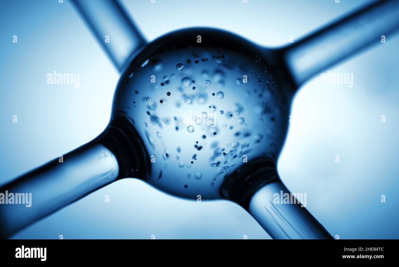 Macro view clear molecule connection structure with droplets on white blank background Stock Photo
