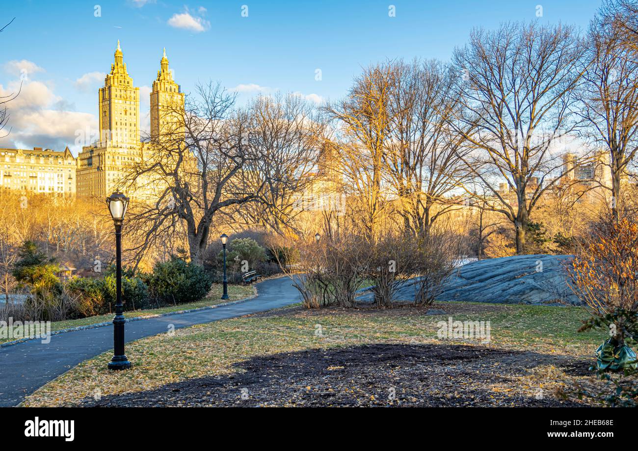 Central Park in winter with view of upper east side Stock Photo