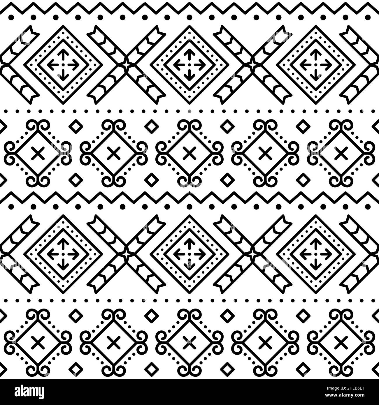 Slovak tribal style folk art vector seamless geometric pattern, ethnic ornament inspired by traditional painted houses from village Cicmany in Zilina Stock Vector