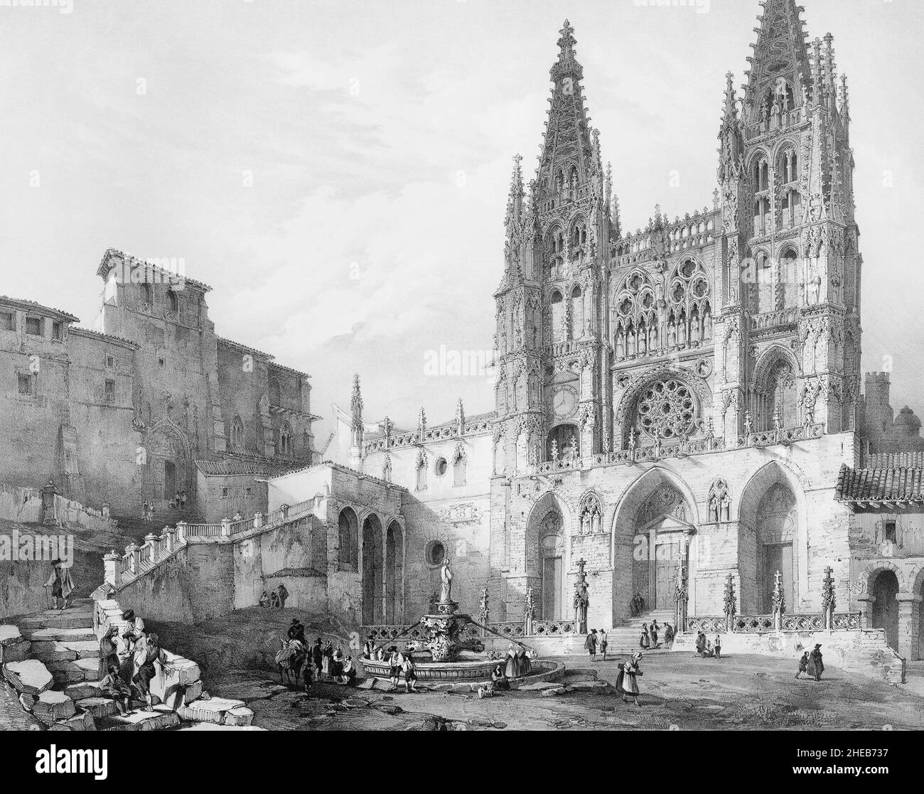 The main facade of the Gothic cathedral at Burgos, Burgos Province, Castile and Leon, Spain.  It was built during the 13th to 15th centuries and is a designated UNESCO World Heritage Site.  After a lithograph published in 1844 by Charles Claude Bachelier from a drawing by Genaro Pérez Villaamil y Duguet. Stock Photo