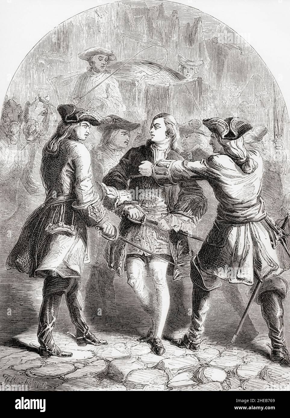 The arrest of the Young Pretender in Paris, France, 1748.  Charles Edward Louis John Casimir Sylvester Severino Maria Stuart, 1720 –  1788.  Stuart claimant to the throne of Great Britain, aka after 1766, as Charles III,  the Young Pretender the Young Chevalier and Bonnie Prince Charlie.  From Cassell's Illustrated History of England, published c.1890. Stock Photo