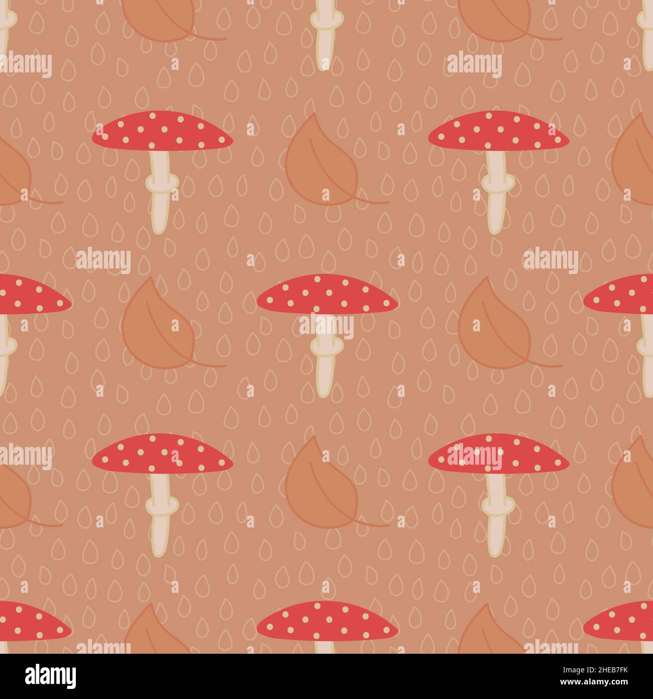 Amanita mushroom seamless pattern with leaves and rain drops on beige background. Stock Vector