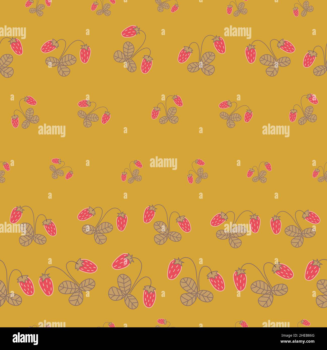 Seamless pattern with strawberries arranged in rows on mustard yellow background. Stock Vector