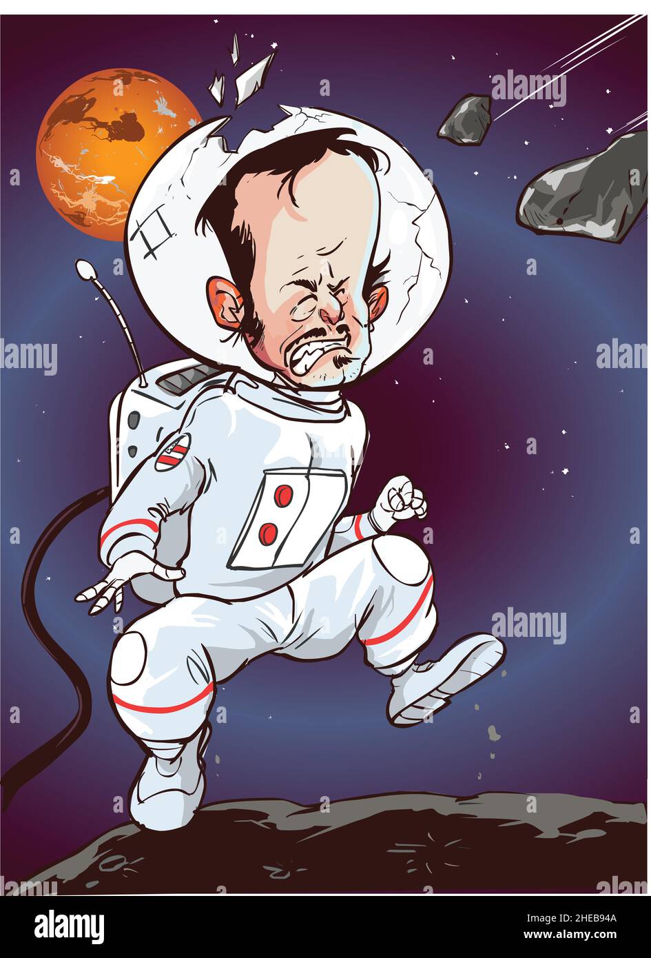 Funny angry man astronaut. Comic book cartoon pop art retro vector illustration drawing Stock Vector