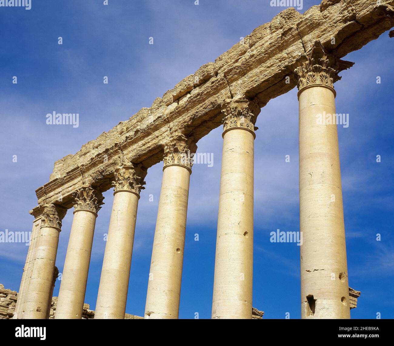 Syria, Palmyra. Temple of Bel. Built under Tiberius in 19 AD. Architectura detail of the columns in the inner court of the temple (Corinthian order). Photo taken before Syrian civil war. Destroyed by the Islamic State of Iraq and Syria in August 2015. Stock Photo