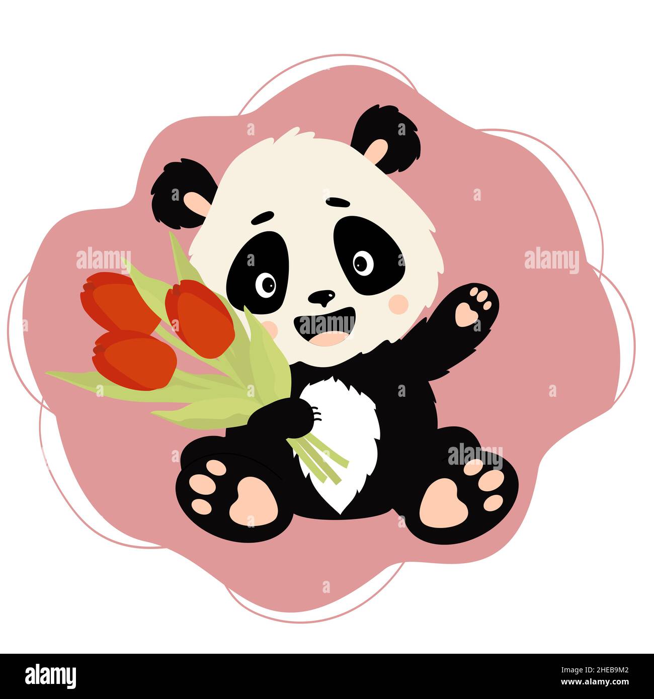 Cute panda with bouquet of tulip flowers on pink background. Vector illustration. Cute animal for greeting cards, kids collection, printing, design an Stock Vector