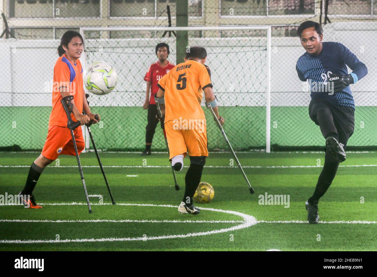 BOGOR, INDONESIA - January 09, 2022: Amputee Football Team training session in Bogor, Indonesia, on January 09, 2022 Stock Photo