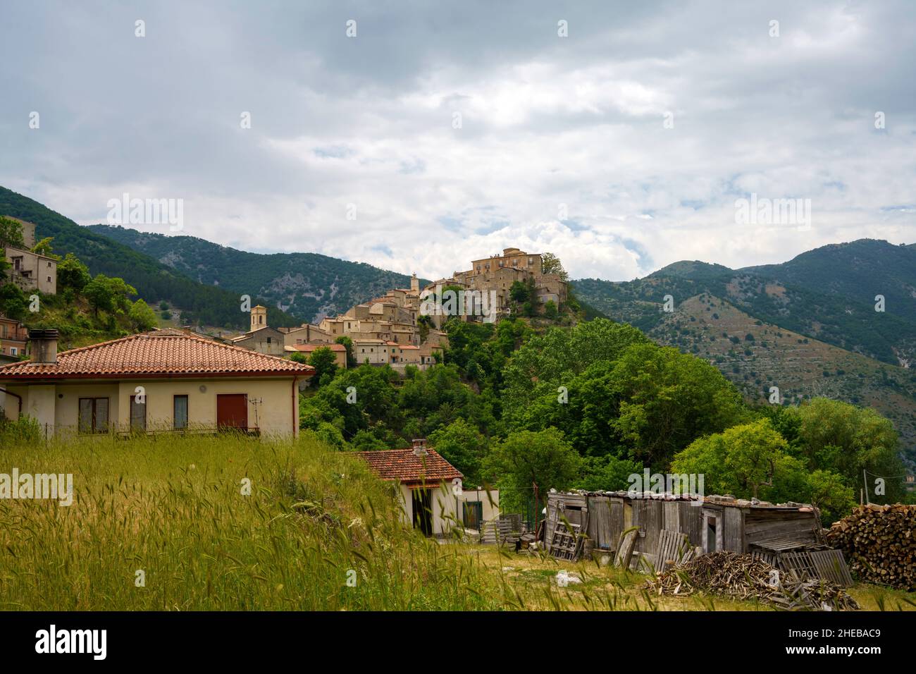 Mountain landscape along the road of Gole del Sagittario, famous canyon in Abruzzo, Italy, L Aquila province. View of Villalago, old village Stock Photo