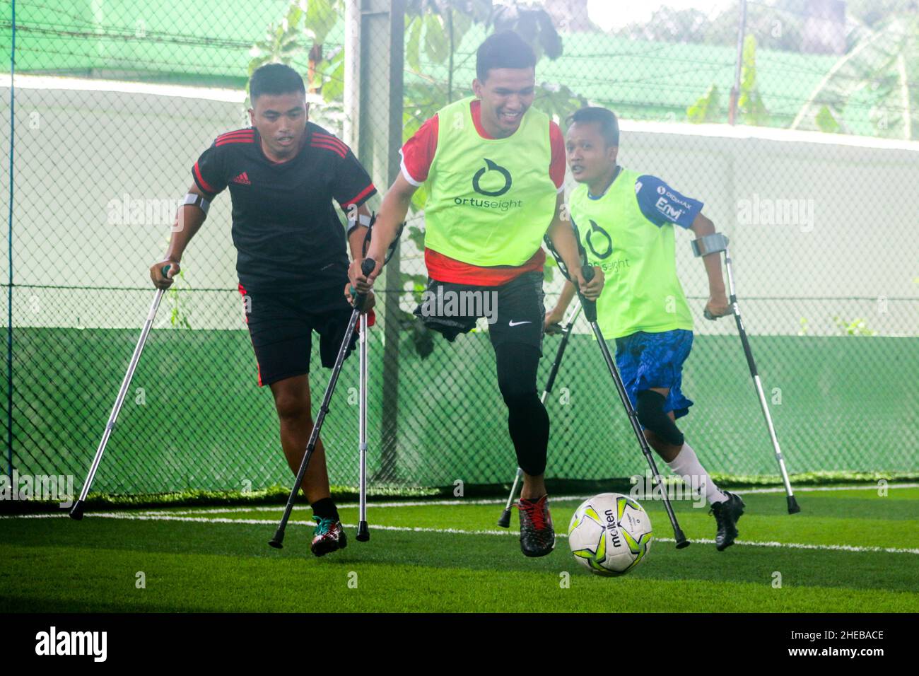 BOGOR, INDONESIA - January 09, 2022: Amputee Football Team training session in Bogor, Indonesia, on January 09, 2022 Stock Photo
