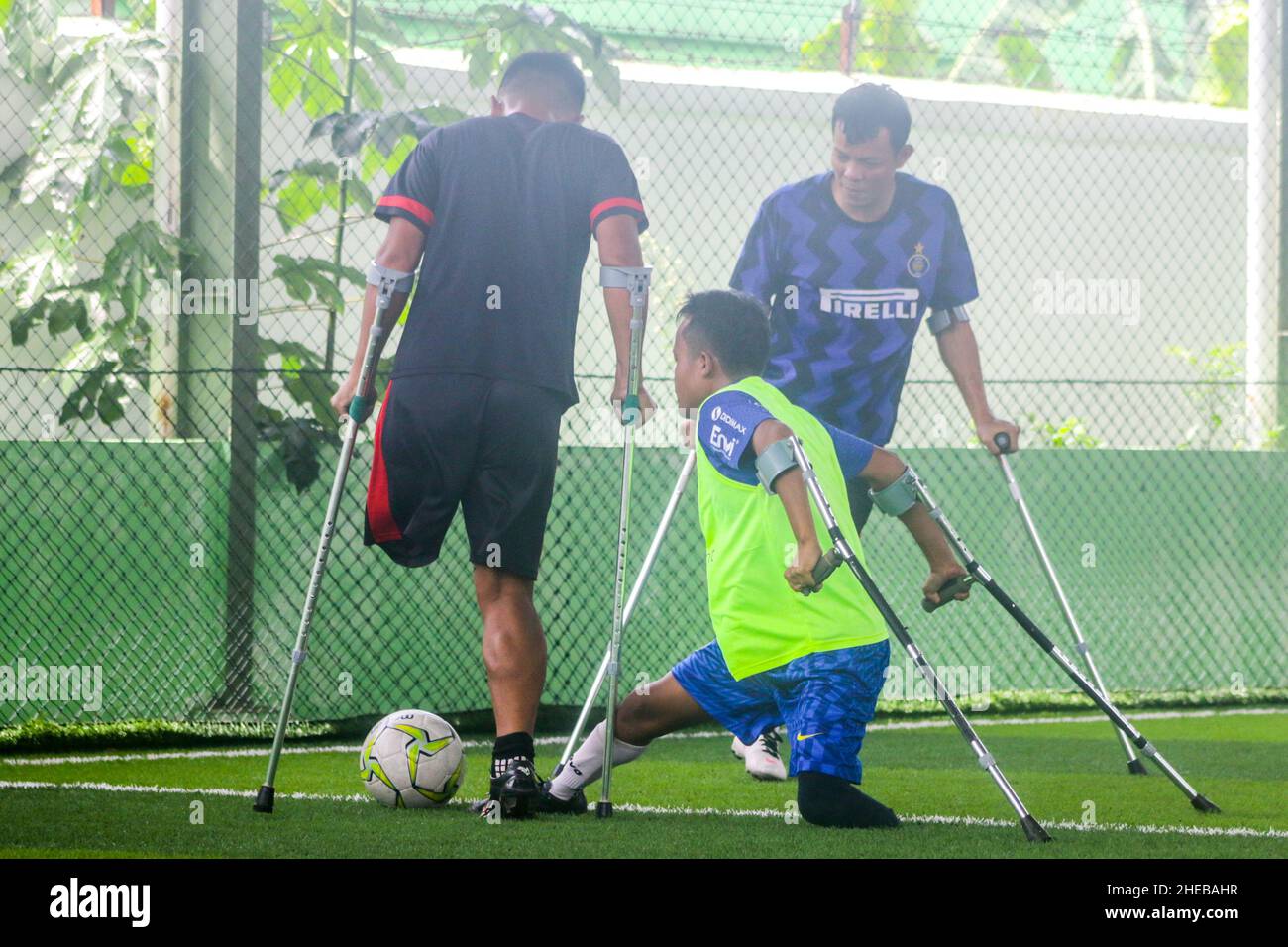 BOGOR, INDONESIA - January 09, 2022: Amputee Football Team training session in Bogor, Indonesia, on January 09, 2022 Stock Photo