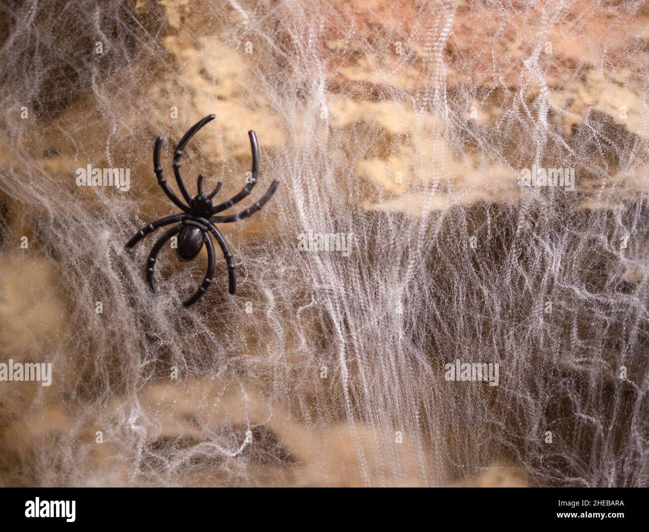 Halloween decorations, brick wall, thick spider webs, fake spiders Stock Photo Alamy