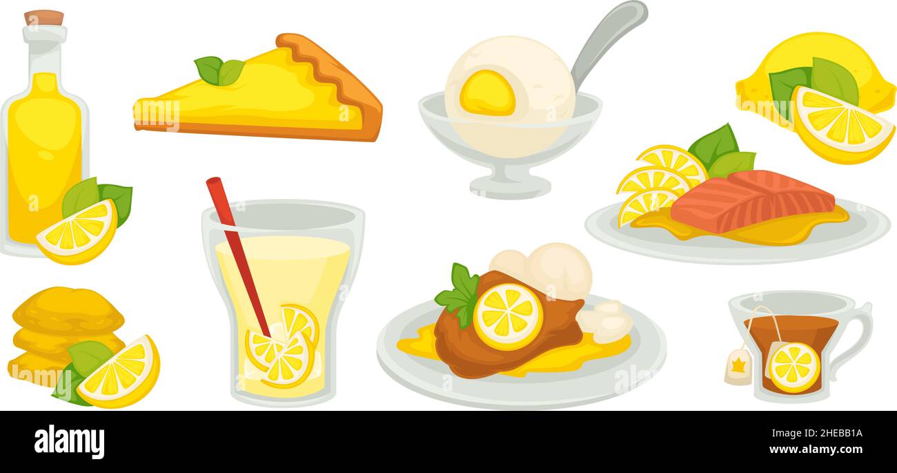 Lemon based meal and desserts, sweet food vector Stock Vector Image ...