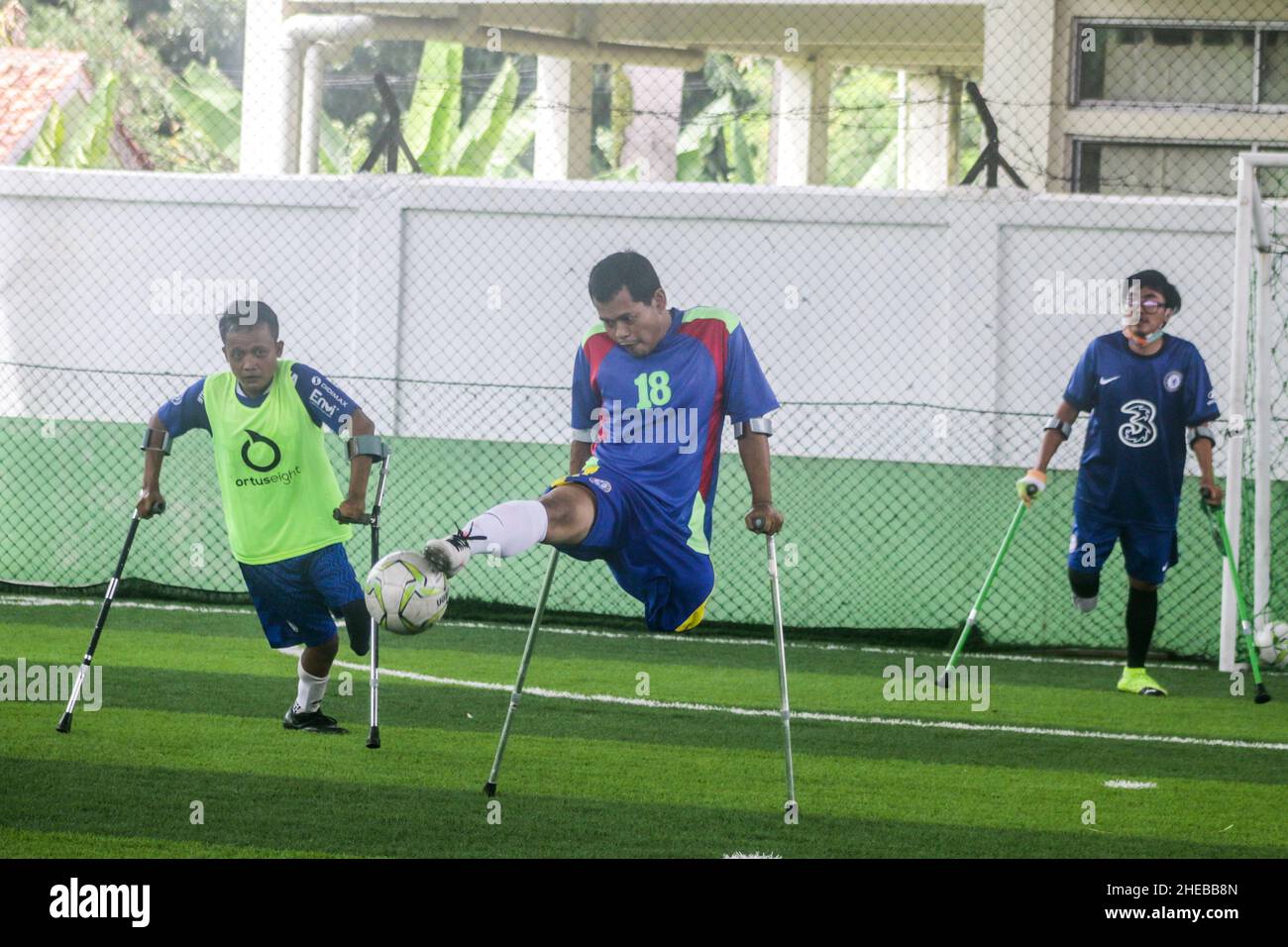 BOGOR, INDONESIA - January 09, 2022: Amputee Football Team training session in Bogor, Indonesia, on January 09, 2022 Stock Photo