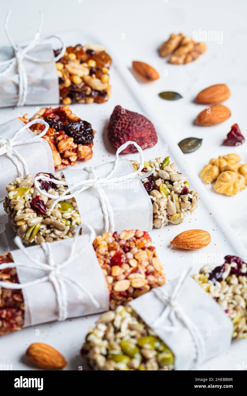 Energy granola bars with different seeds, nuts and dried fruits and