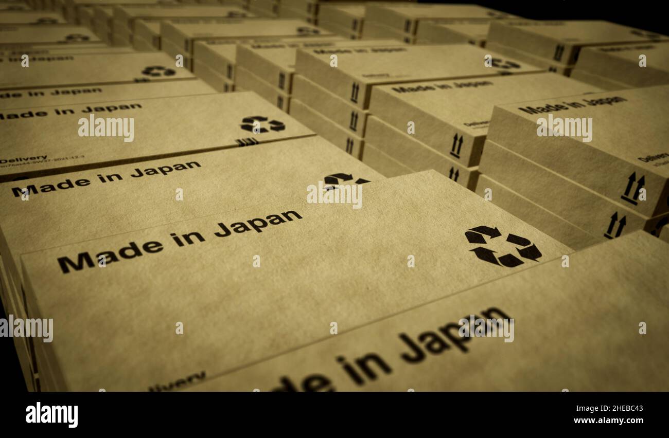 Made in Japan Japan box production line. PRC manufacturing and delivery. Product factory and export. Abstract concept 3d rendering illustration. Stock Photo