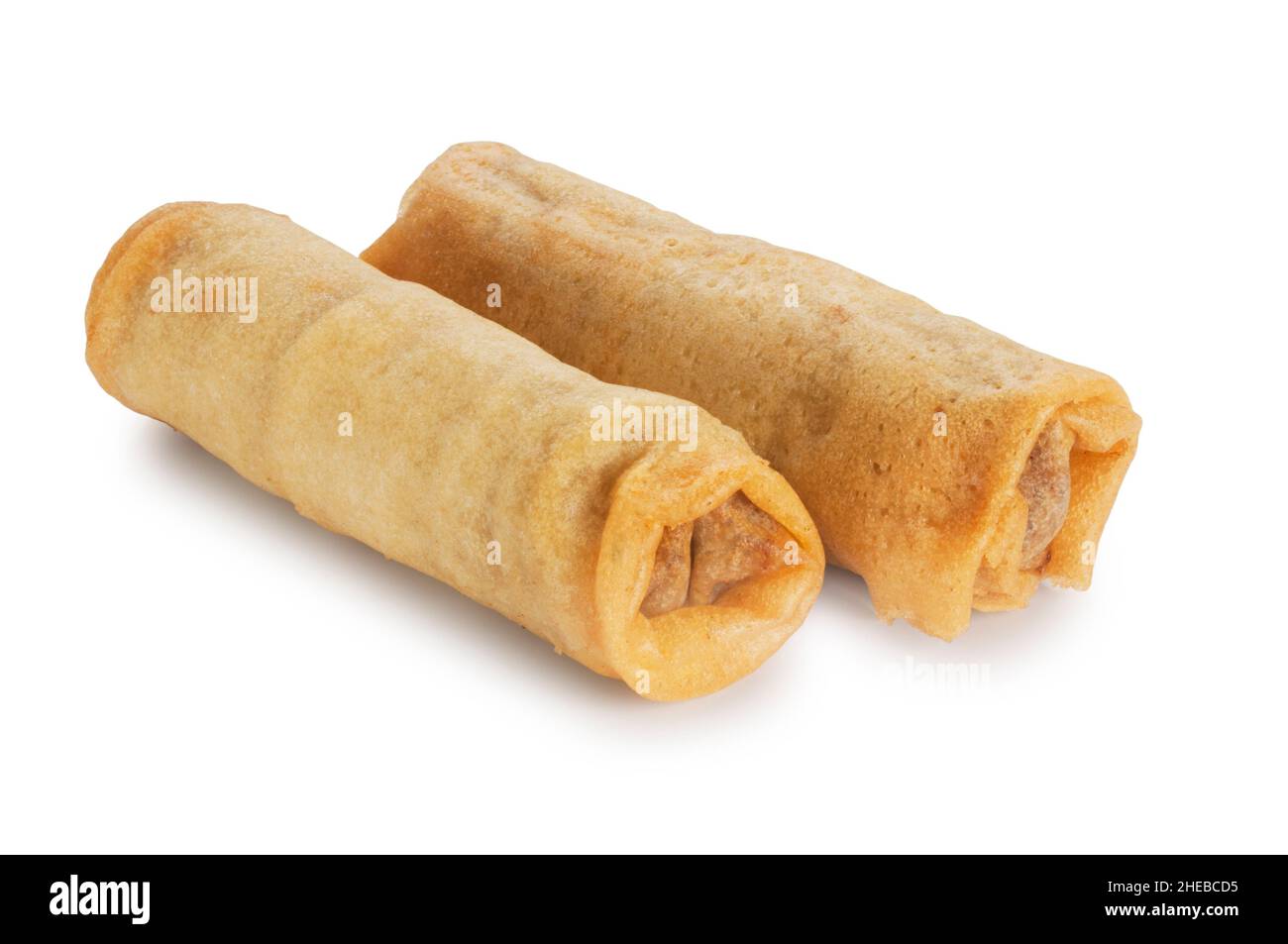 Studio shot of chinese spring rolls cut out against a white background - John Gollop Stock Photo