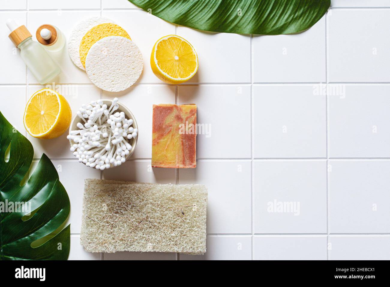 Eco bath accessories. Natural brushes, soap, sponges and organic skin