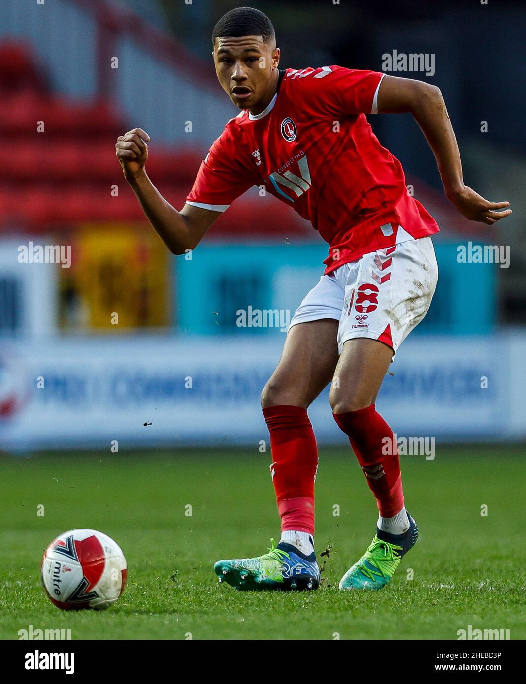 Charlton Athletic's Mason Burstow in action during the Emirates FA Cup third round match at The Valley, London. Picture date: Sunday January 9, 2022. Stock Photo