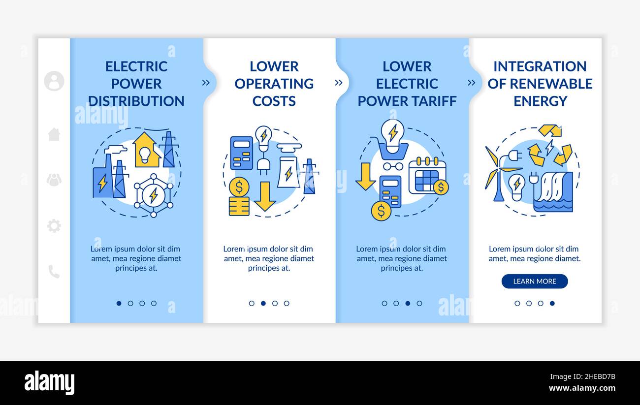 Smart grid characteristics blue and white onboarding template Stock Vector