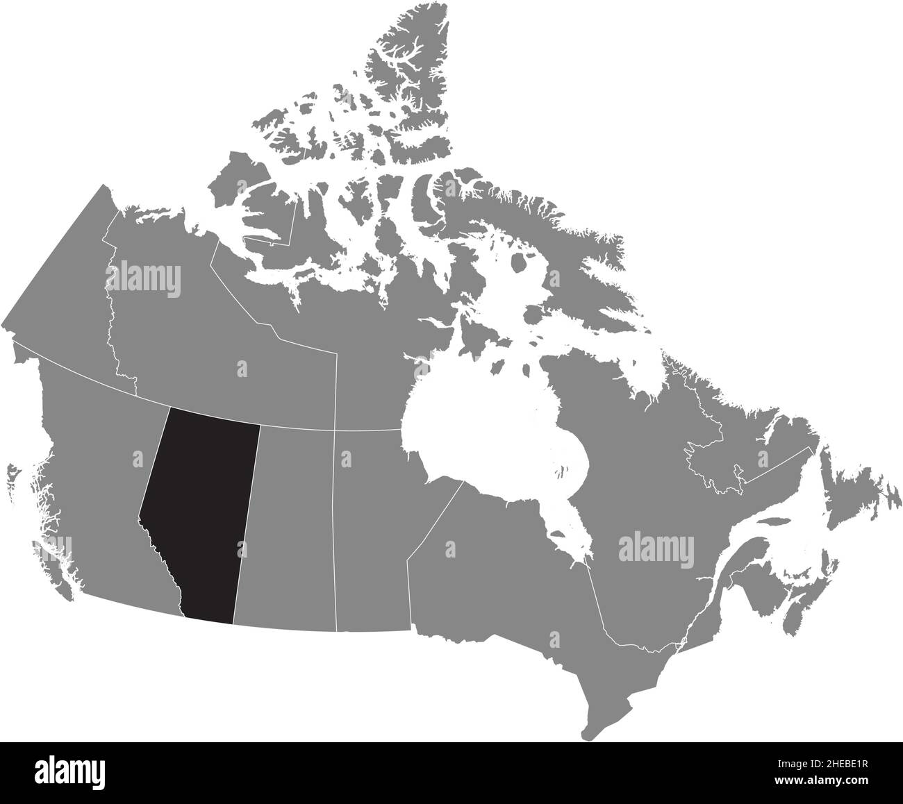 Black flat blank highlighted locator administrative map of the Canadian province of ALBERTA inside gray flat map of CANADA Stock Vector